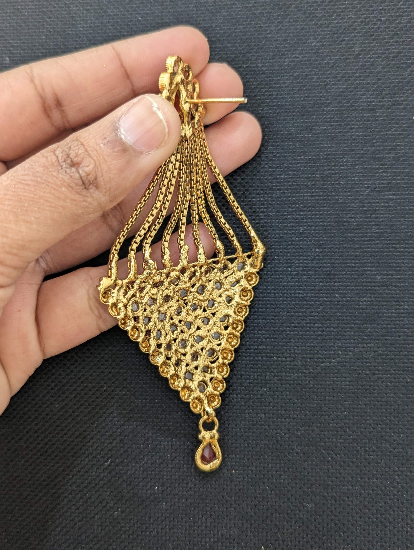 Antique gold polished inverted triangle dangling polki stone long earring - Simpliful