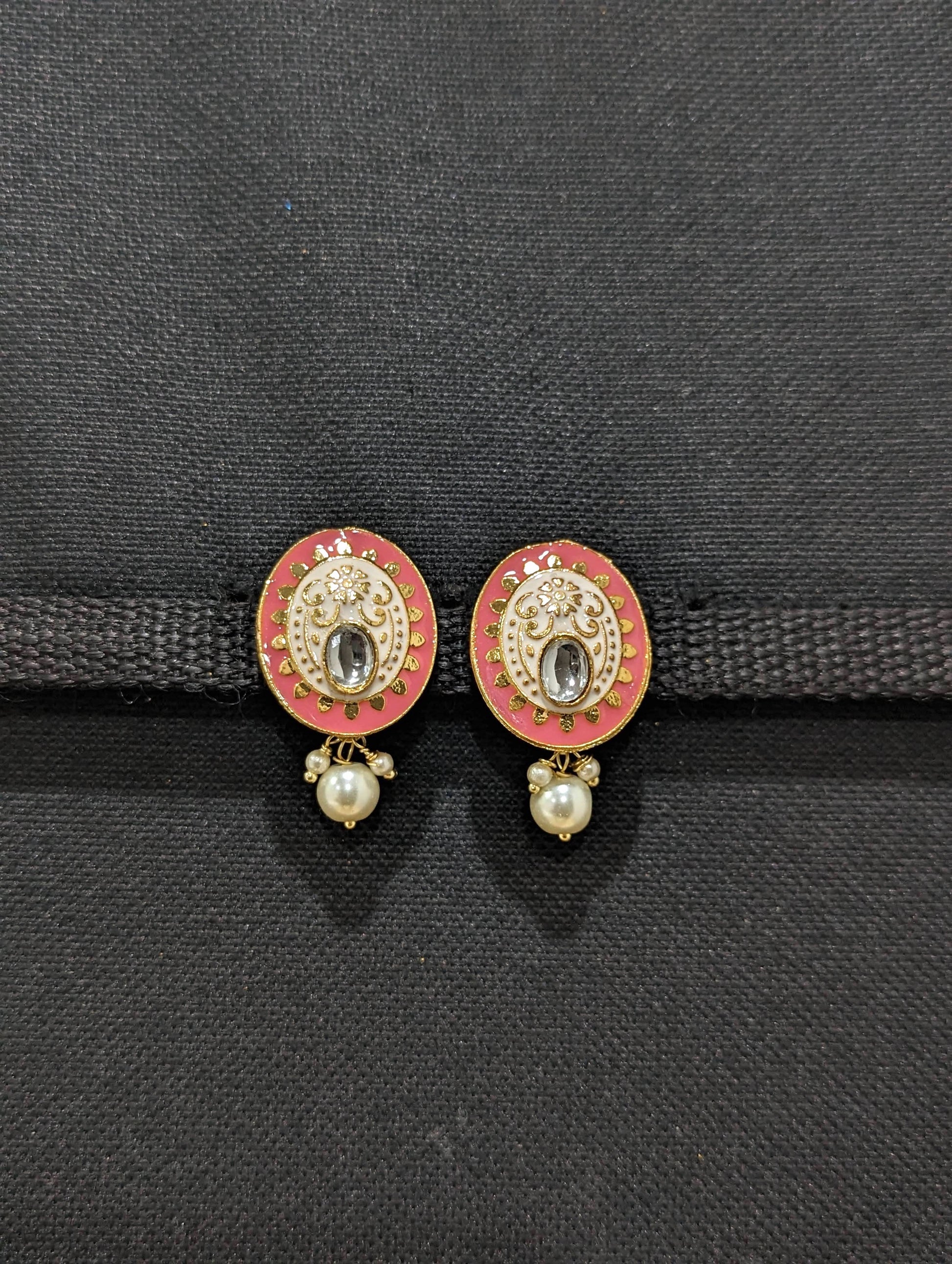 Enamel work oval stud with glass kundan Earrings - Simpliful