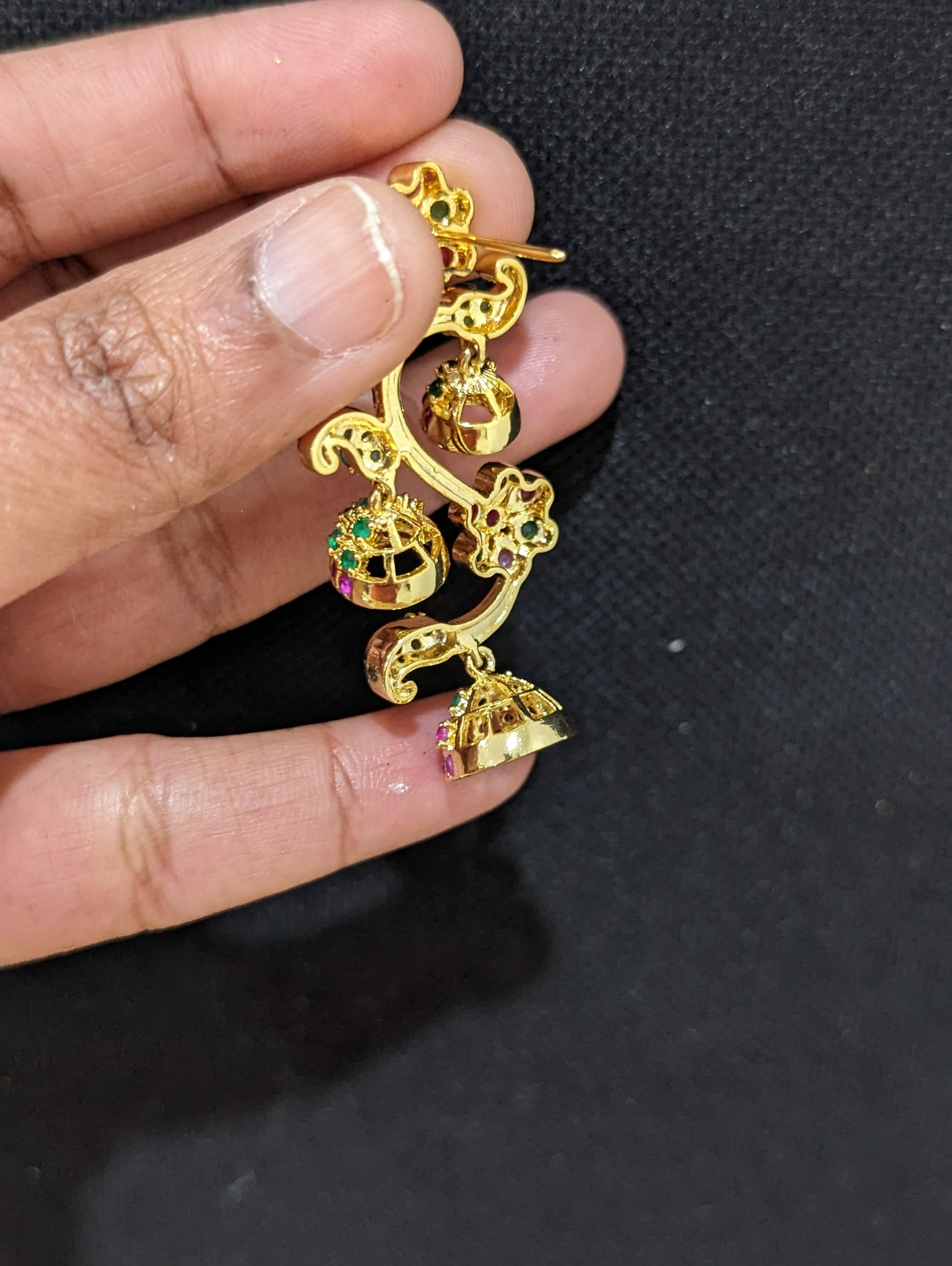 Tiny jhumka dangling designer flowery one gram gold CZ earrings - Simpliful