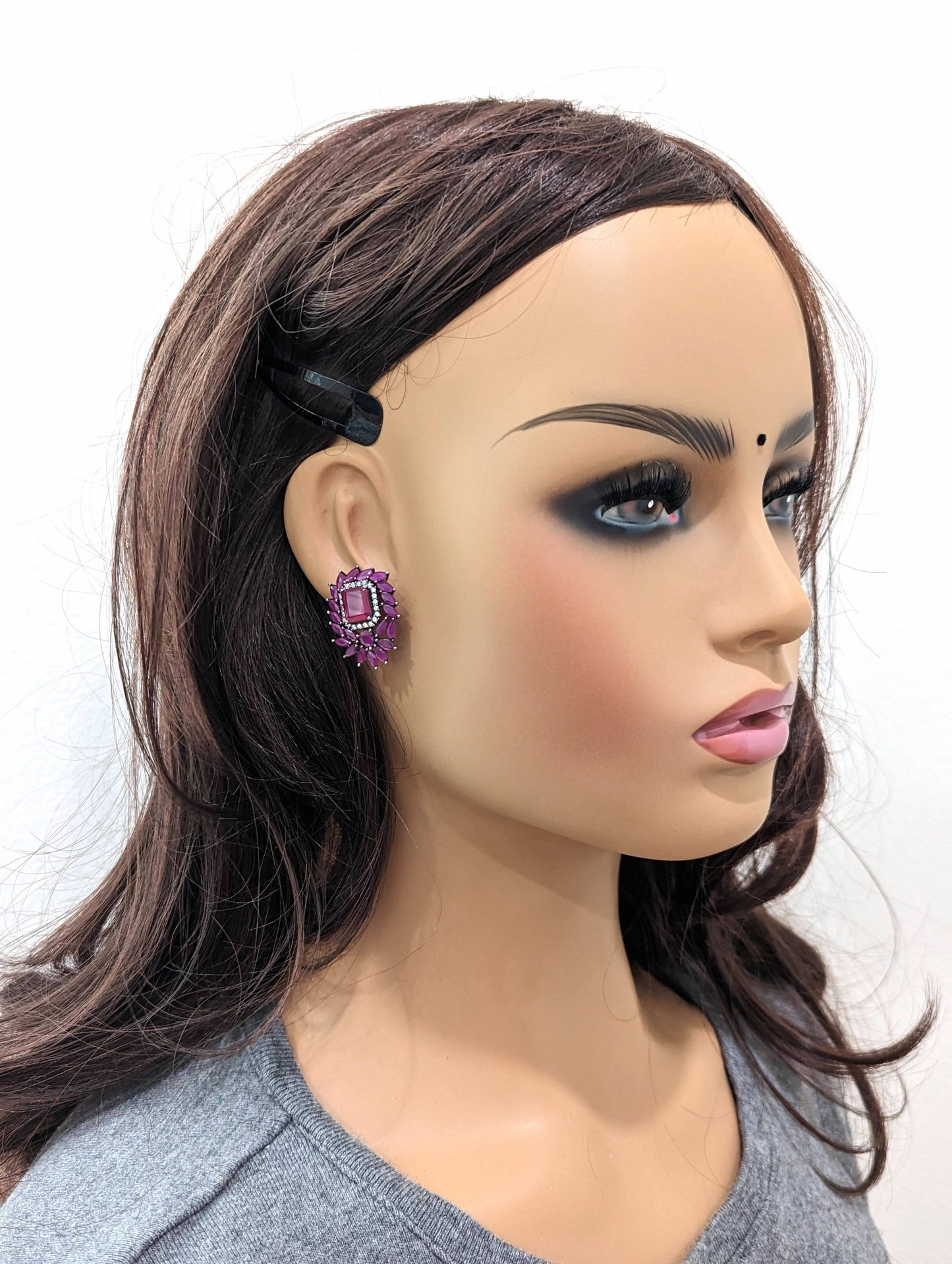 Rectangle design Ruby CZ Stud Earrings