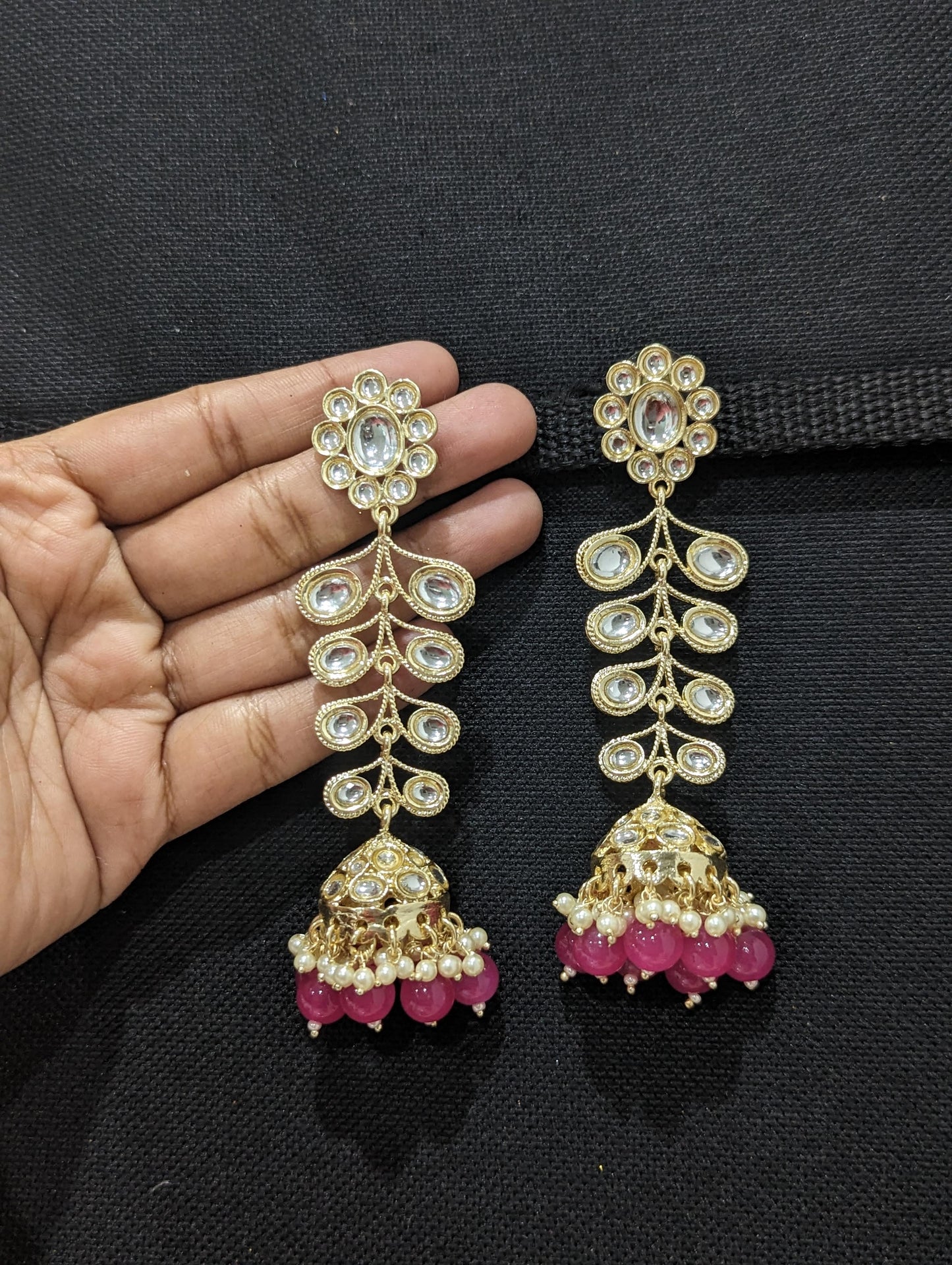 Glass kundan stone Long dangle Jhumka Earrings