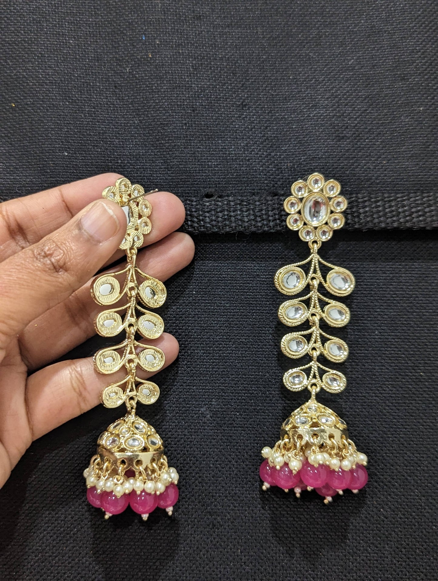 Glass kundan stone Long dangle Jhumka Earrings