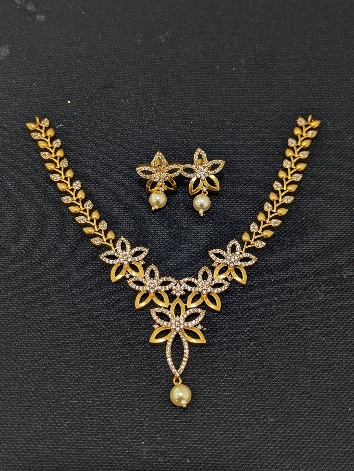 Antique Leafy Flower CZ Necklace and Earrings set