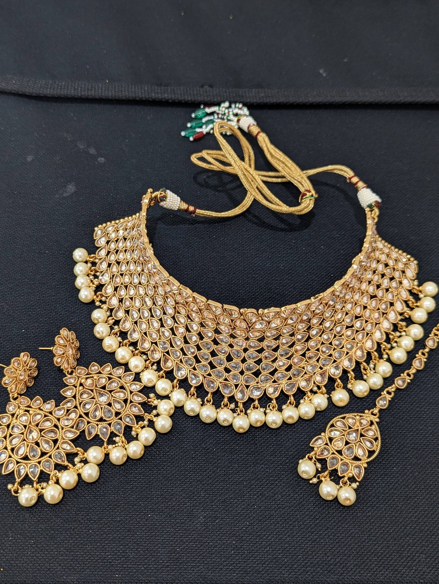 Polki stone Gold plated Grand Bridal Choker Combo Set - D2