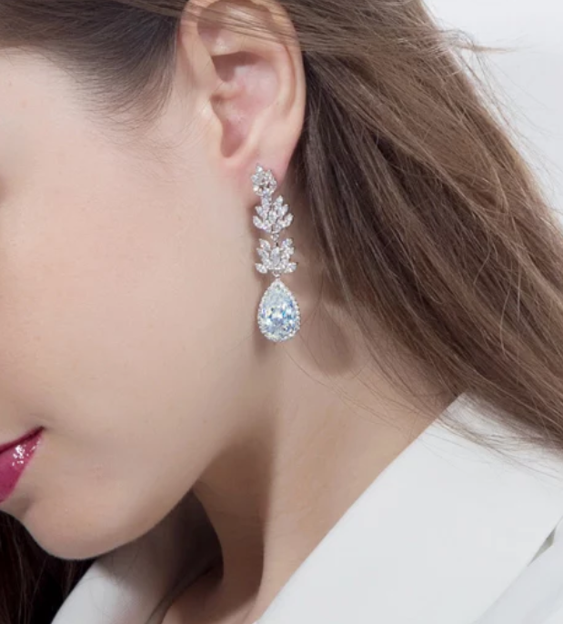 Luxury CZ stone embedded platinum finish leaf n tear drop design earring - Simpliful