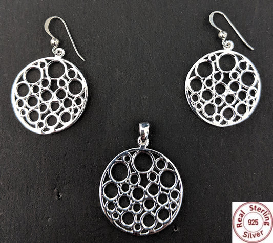 Sterling Silver Pendant and Earring set - Circle of circles - Simpliful