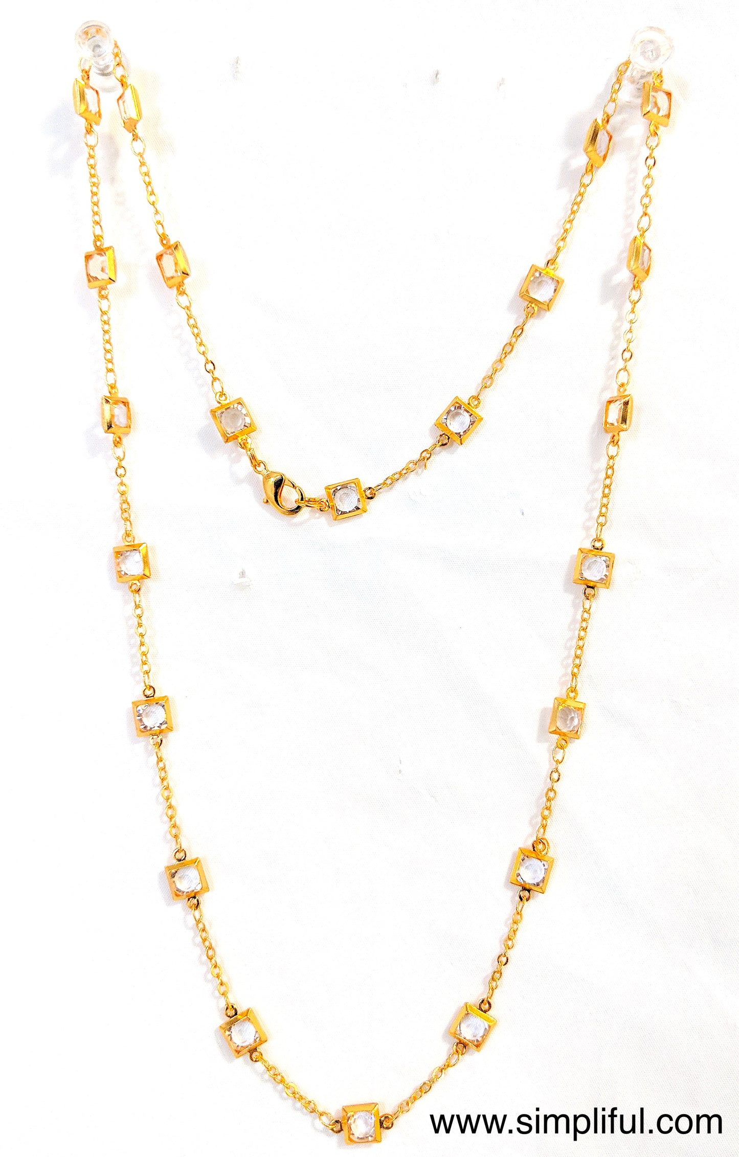 Square glass crystal stone bright gold plated chain Necklace - Simpliful
