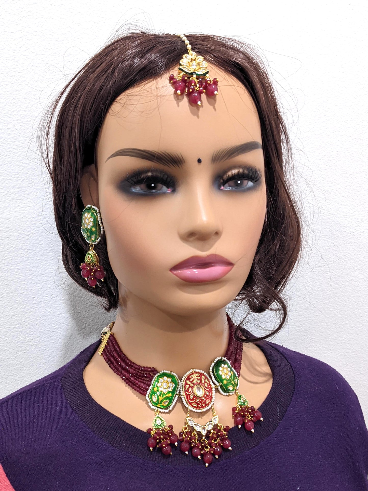 Multi stranded crystal bead Kundan Choker Necklace Combo Set