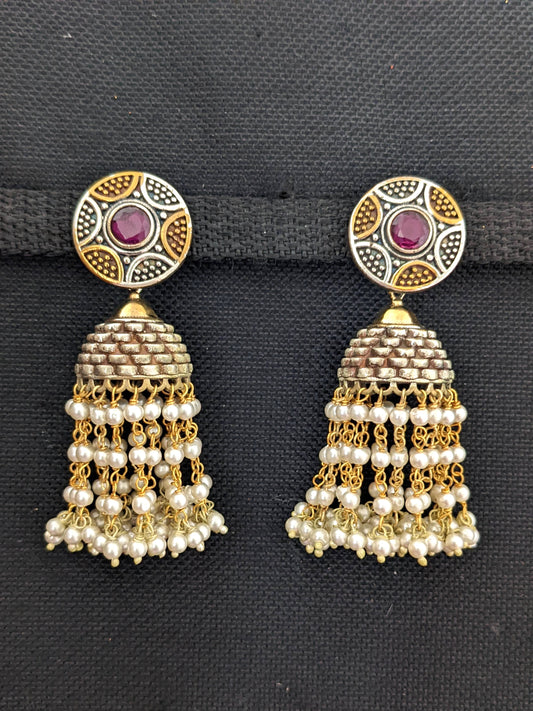 Dual tone oxidized silver pearl dangling CZ jhumka earrings - Simpliful