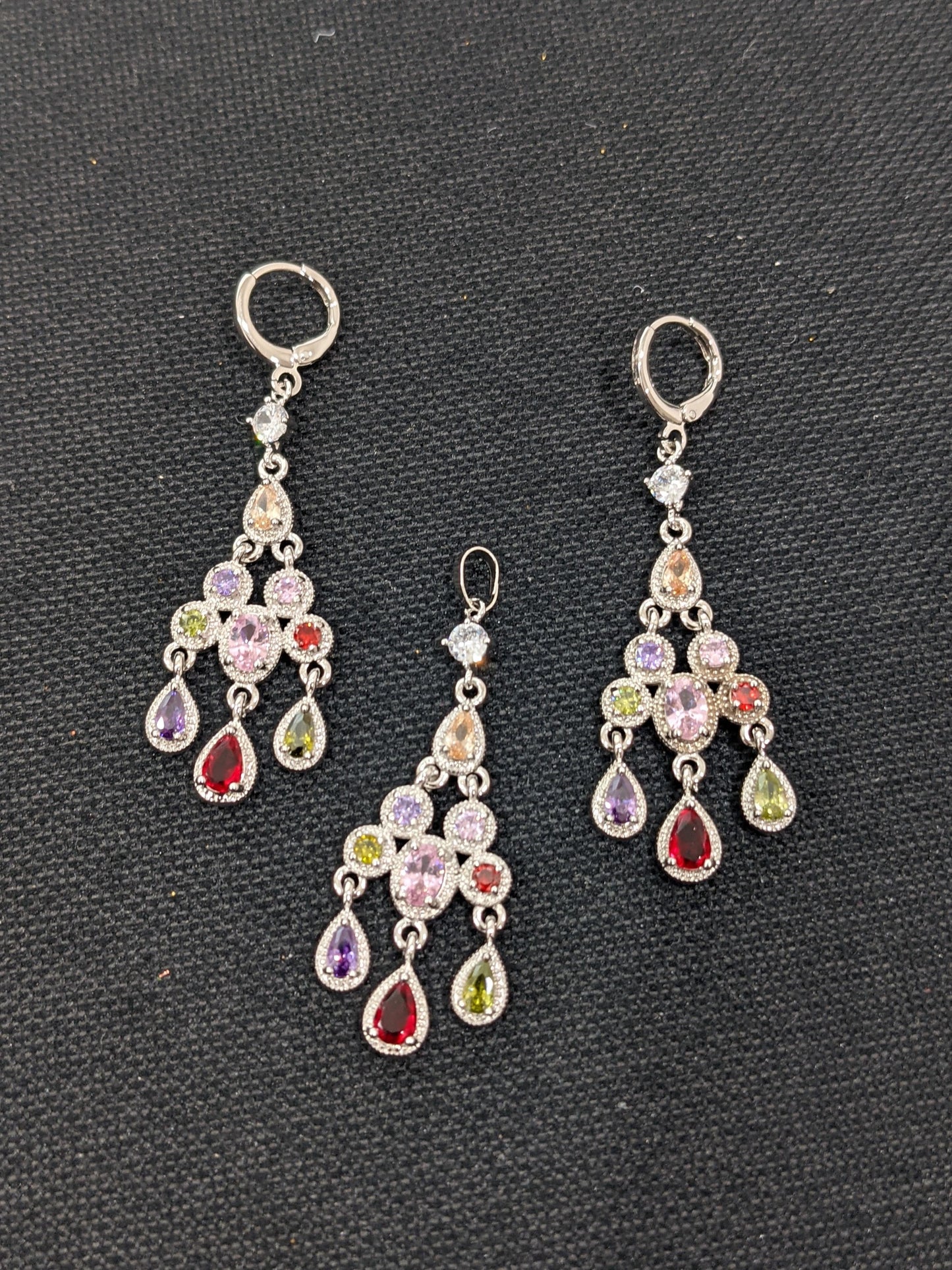 Multi color CZ stone Teardrop dangle Pendant and Earrings Set