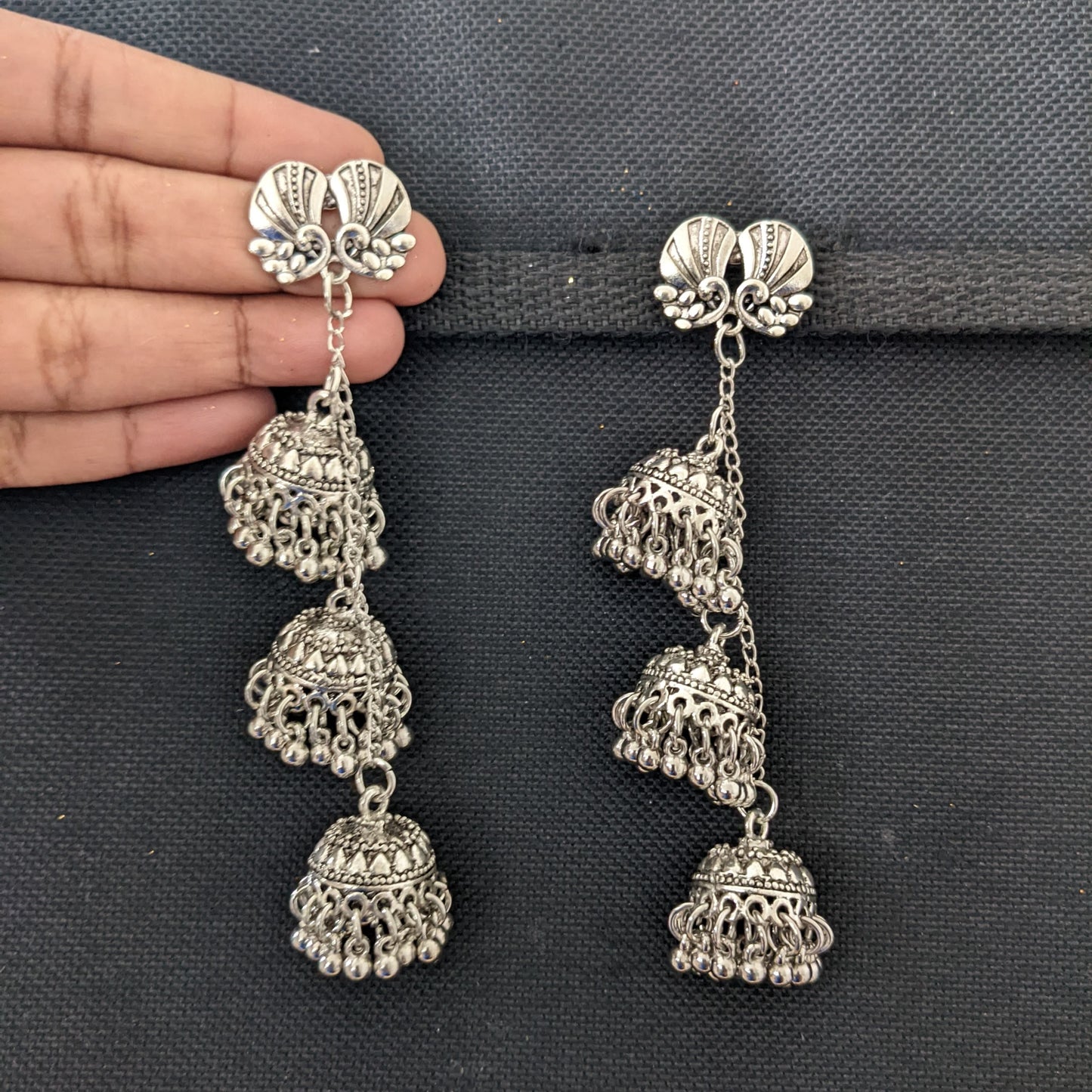 Triple jhumka hanging peacock stud Oxidized Silver earrings