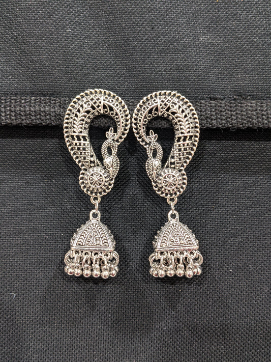 Long Peacock stud with Oxidized Silver Jhumka