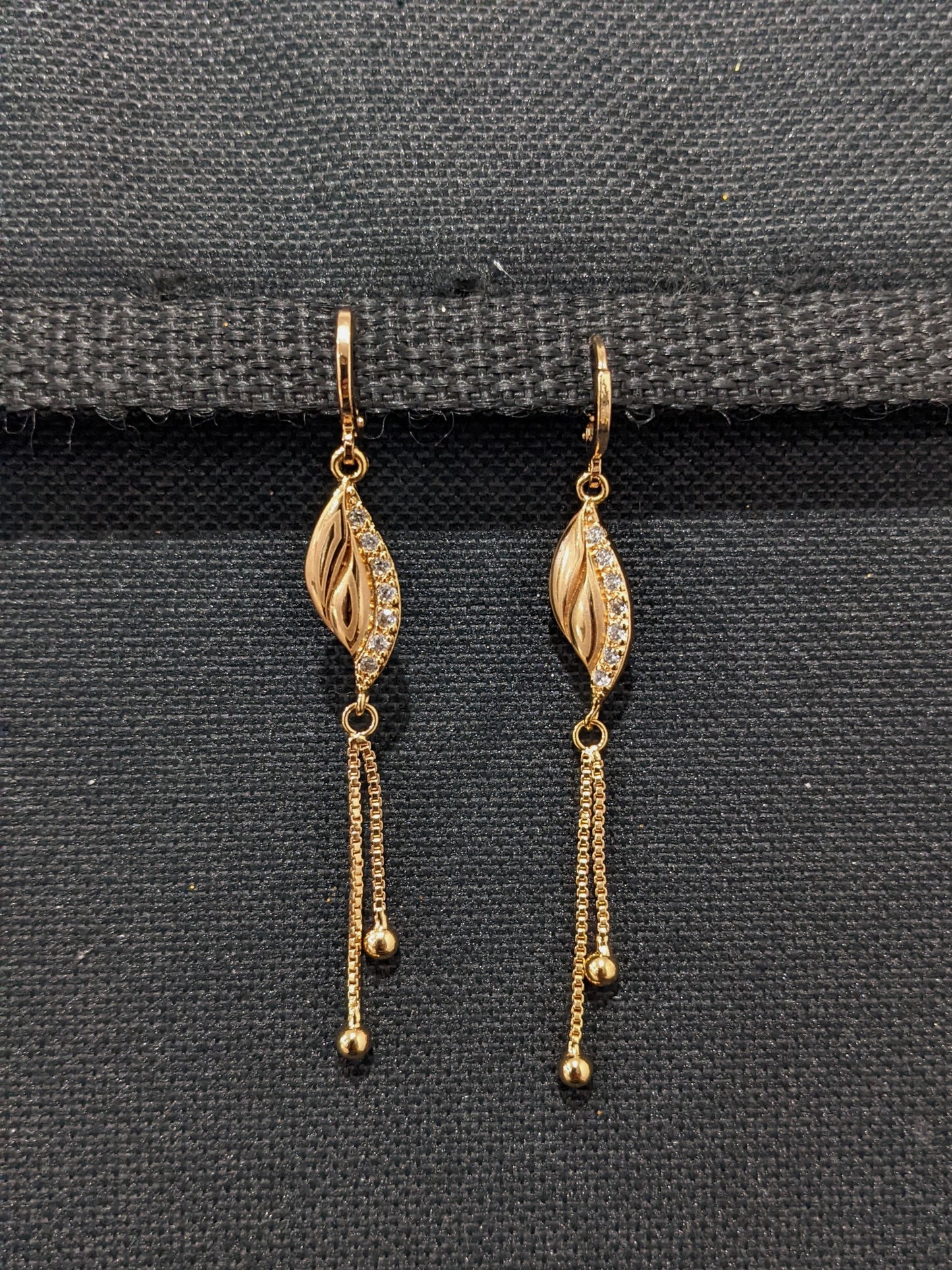 Dual Leaf design ring style long dangle CZ earrings