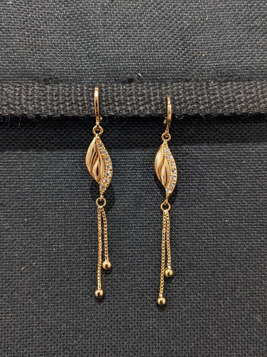 Dual Leaf design ring style long dangle CZ earrings