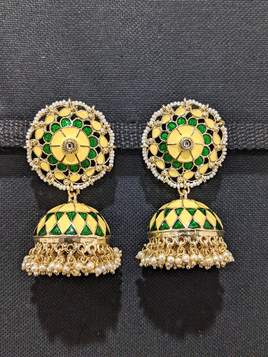 Yellow Green XL Size Enamel jhumka earrings