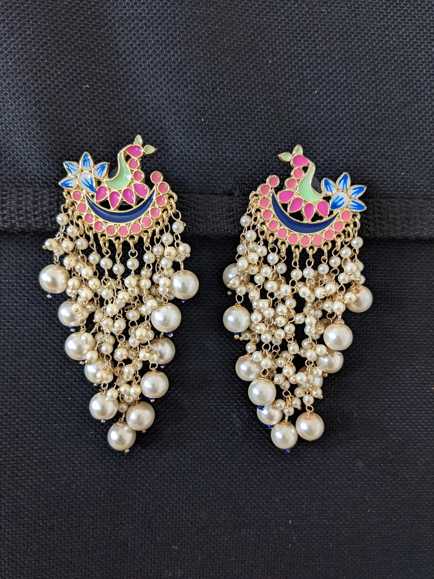 Peacock Stud Pearl cluster Tassel style Enamel Earrings