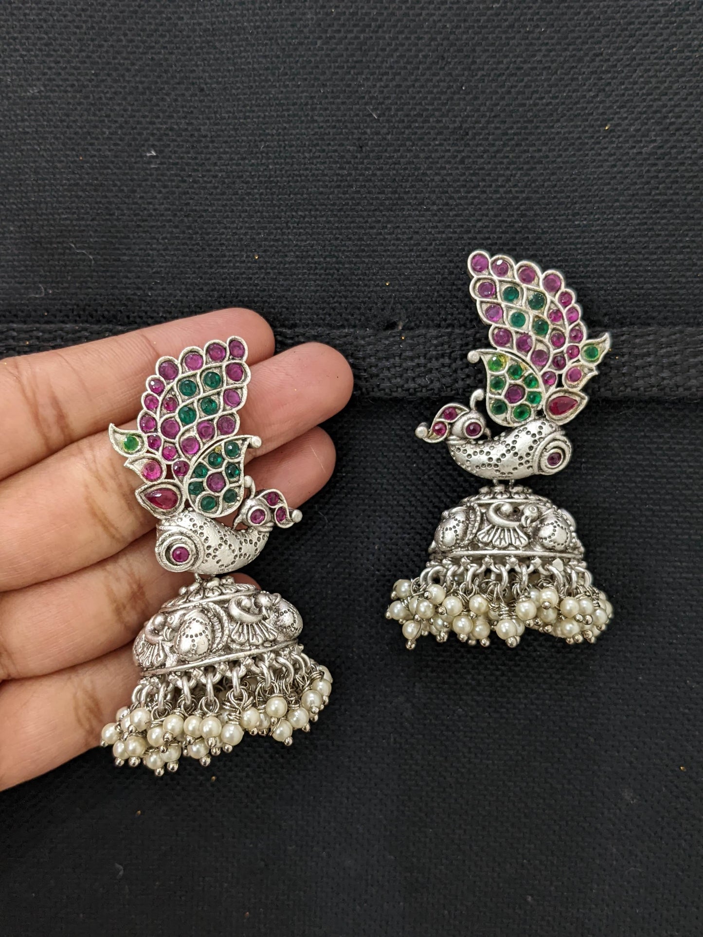 Traditional Peacock design Kemp Rhodium Silver Jhumka earrings