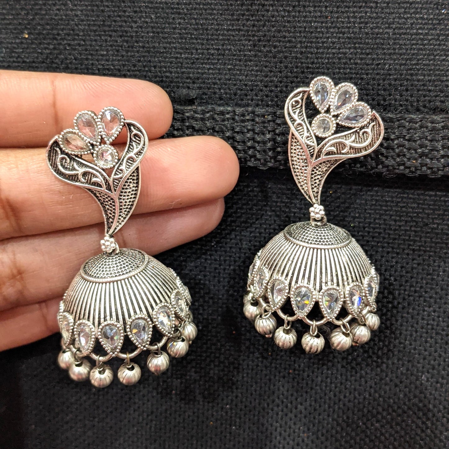 CZ stone Bright Silver Flower jhumka earrings
