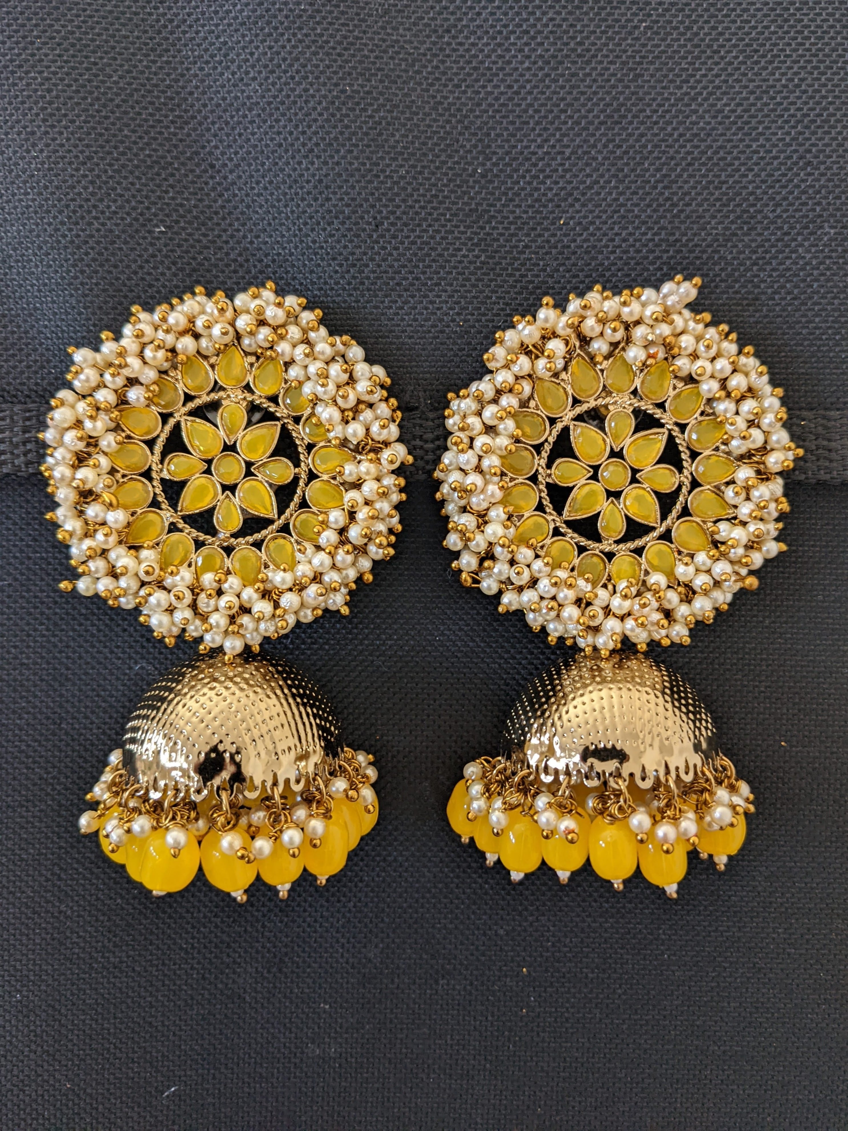 Golden Big Jhumka Earring with golden and Pearl beads – AryaFashions