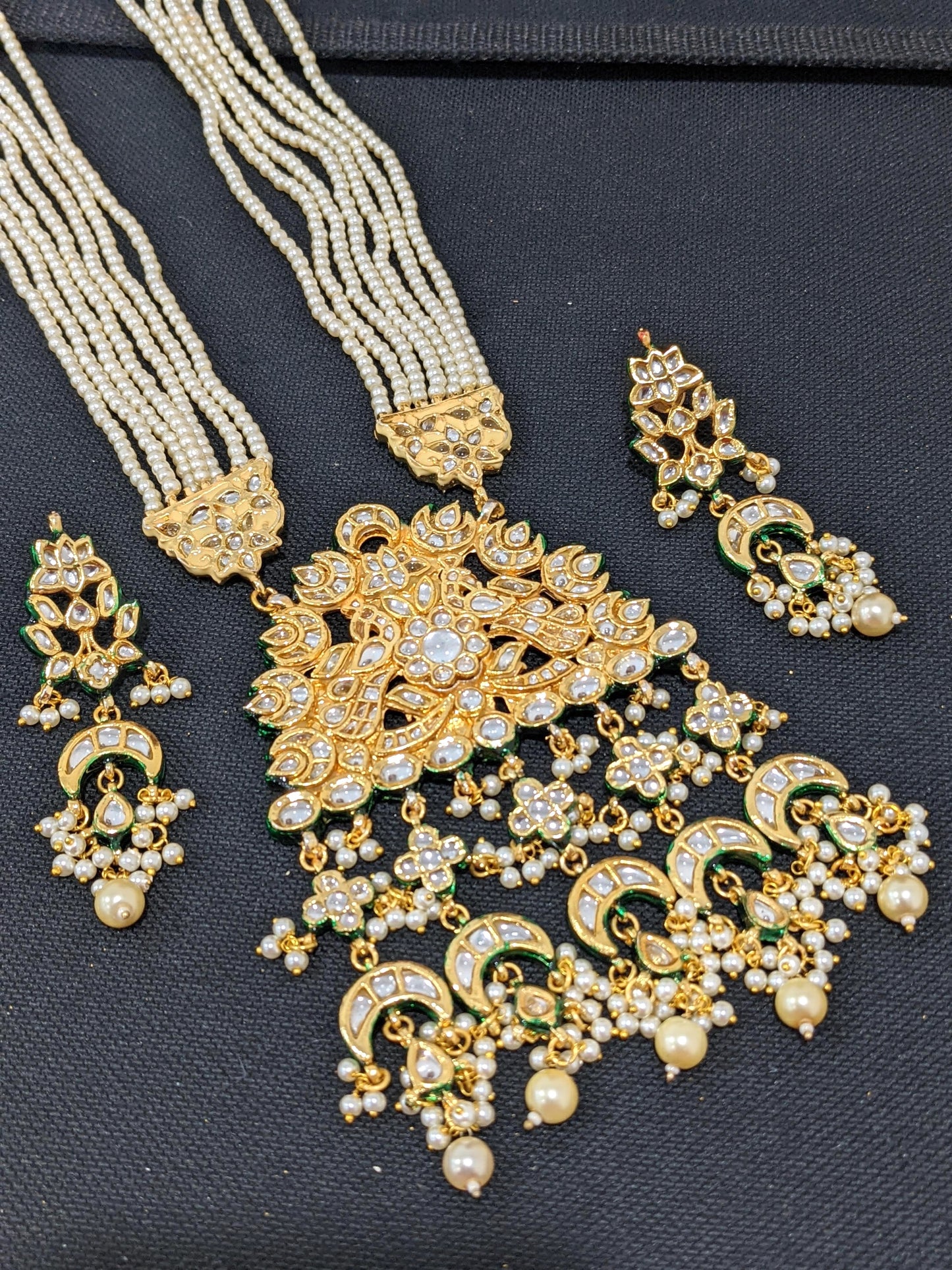 Multi stranded Pearl Long Necklace Kundan Pendant and Earrings set