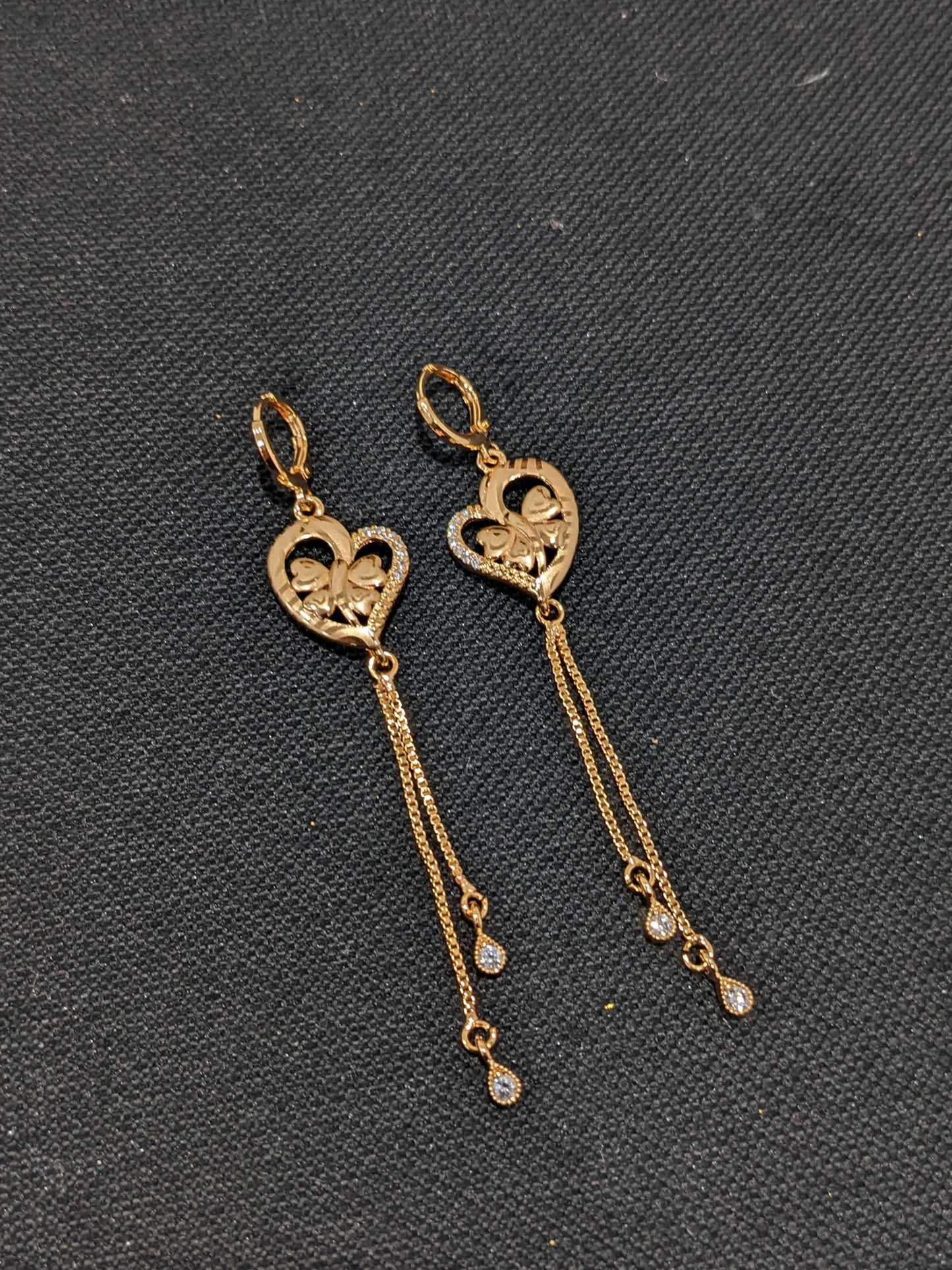 Butterfly Heart design ring style long dangle CZ earrings