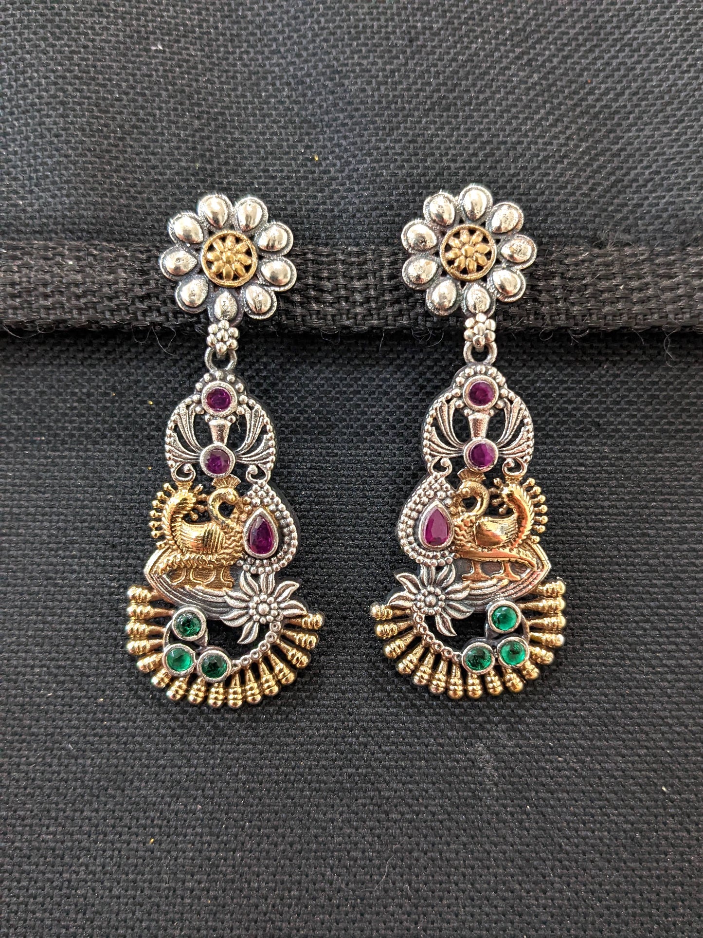 Dual Tone German Silver Peacock Earrings