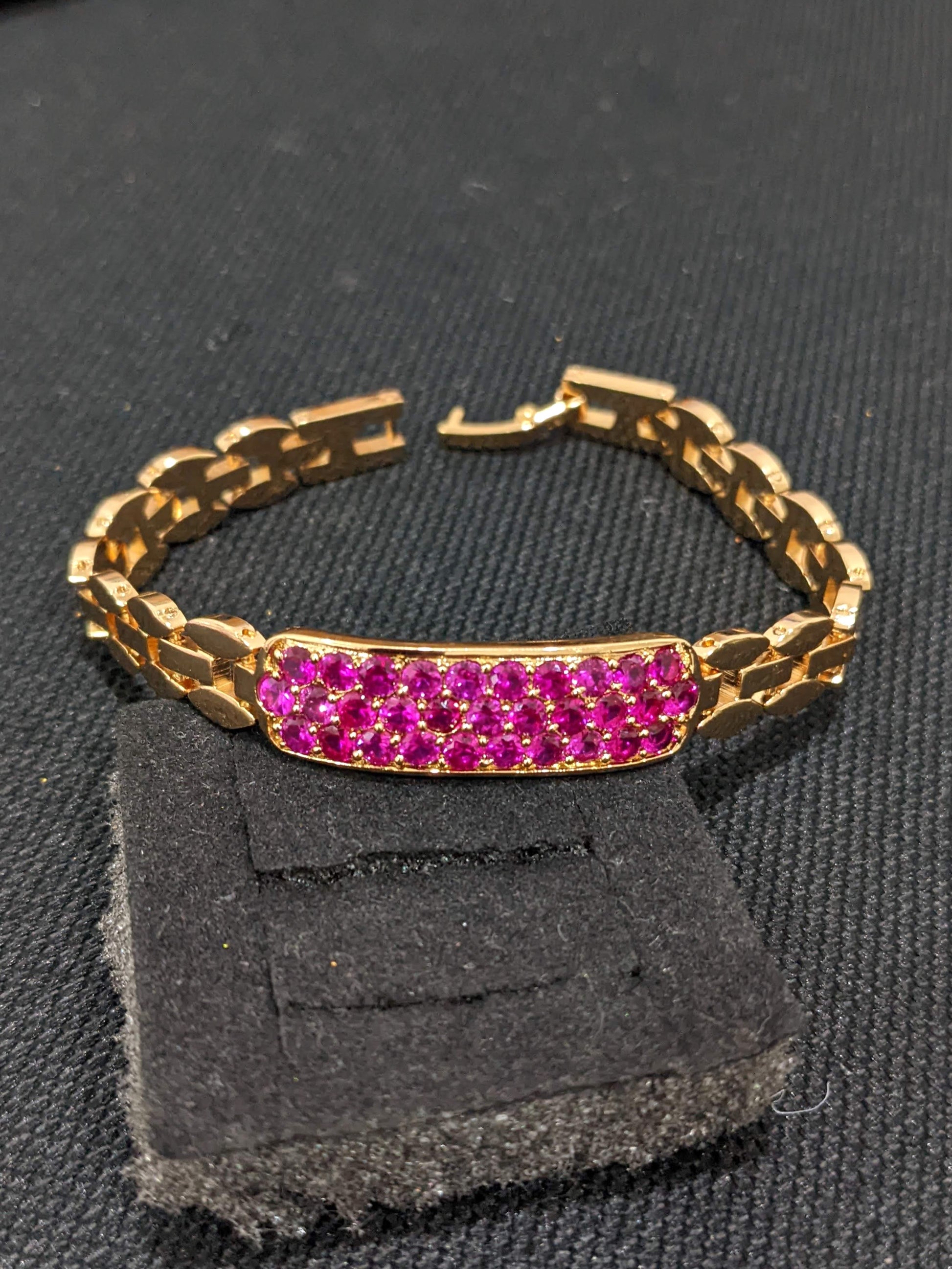 Pink Cz stone rectangle center gold plated Bracelet - Simpliful
