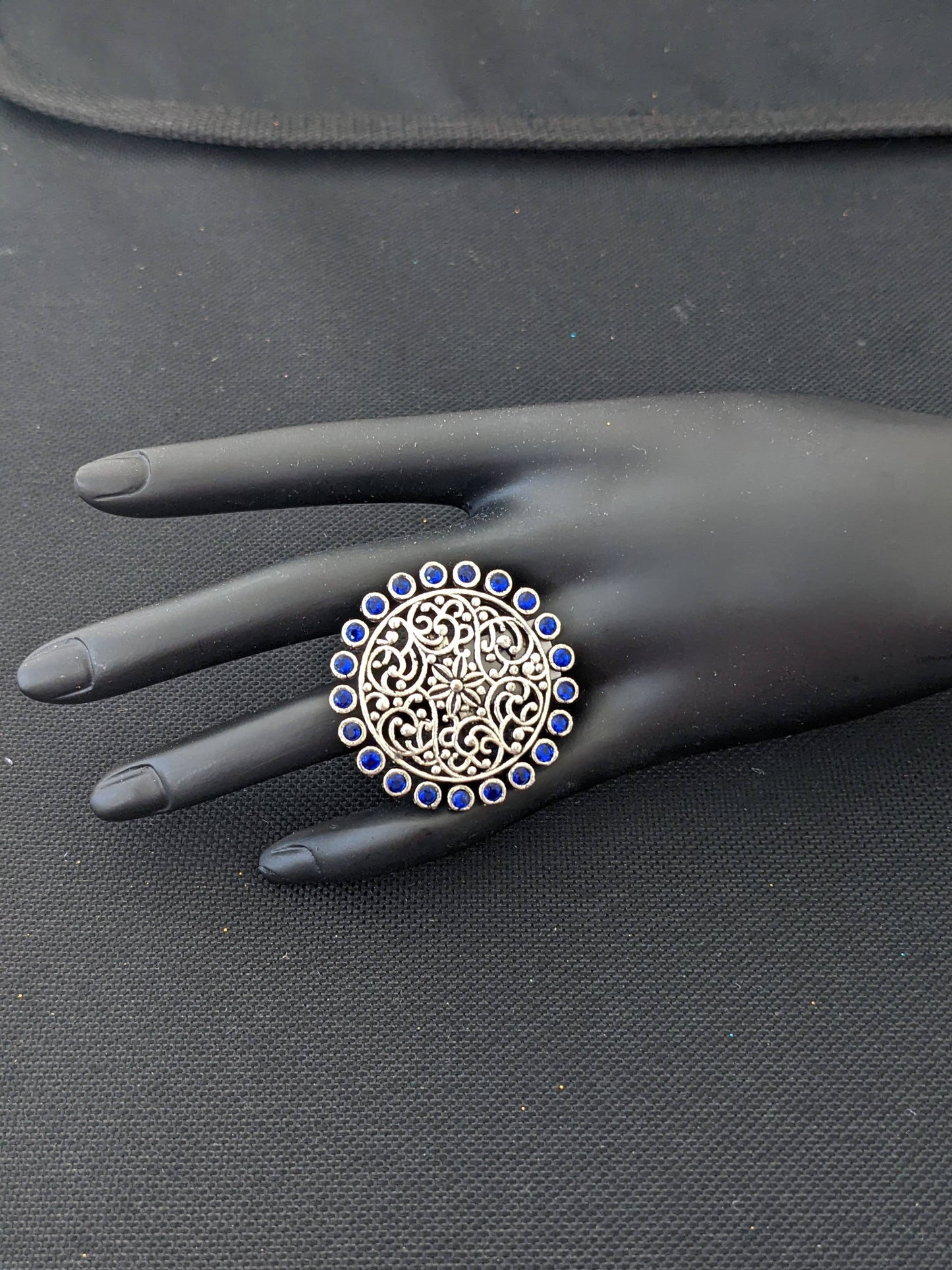 Oxidized  Silver Blue Polki Adjustable Finger ring