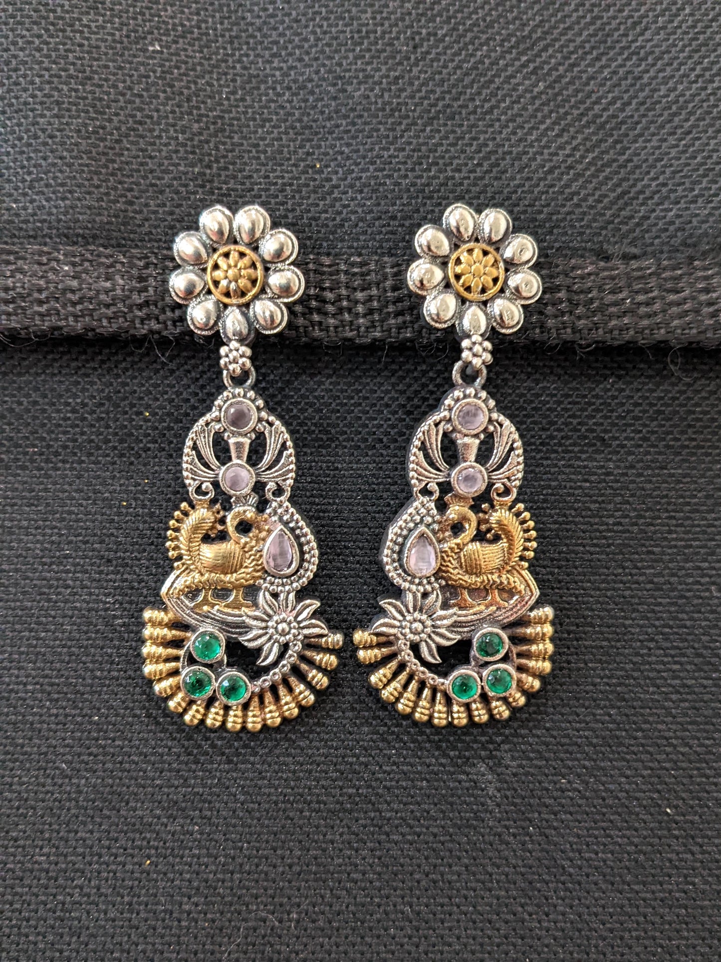 Dual Tone German Silver Peacock Earrings