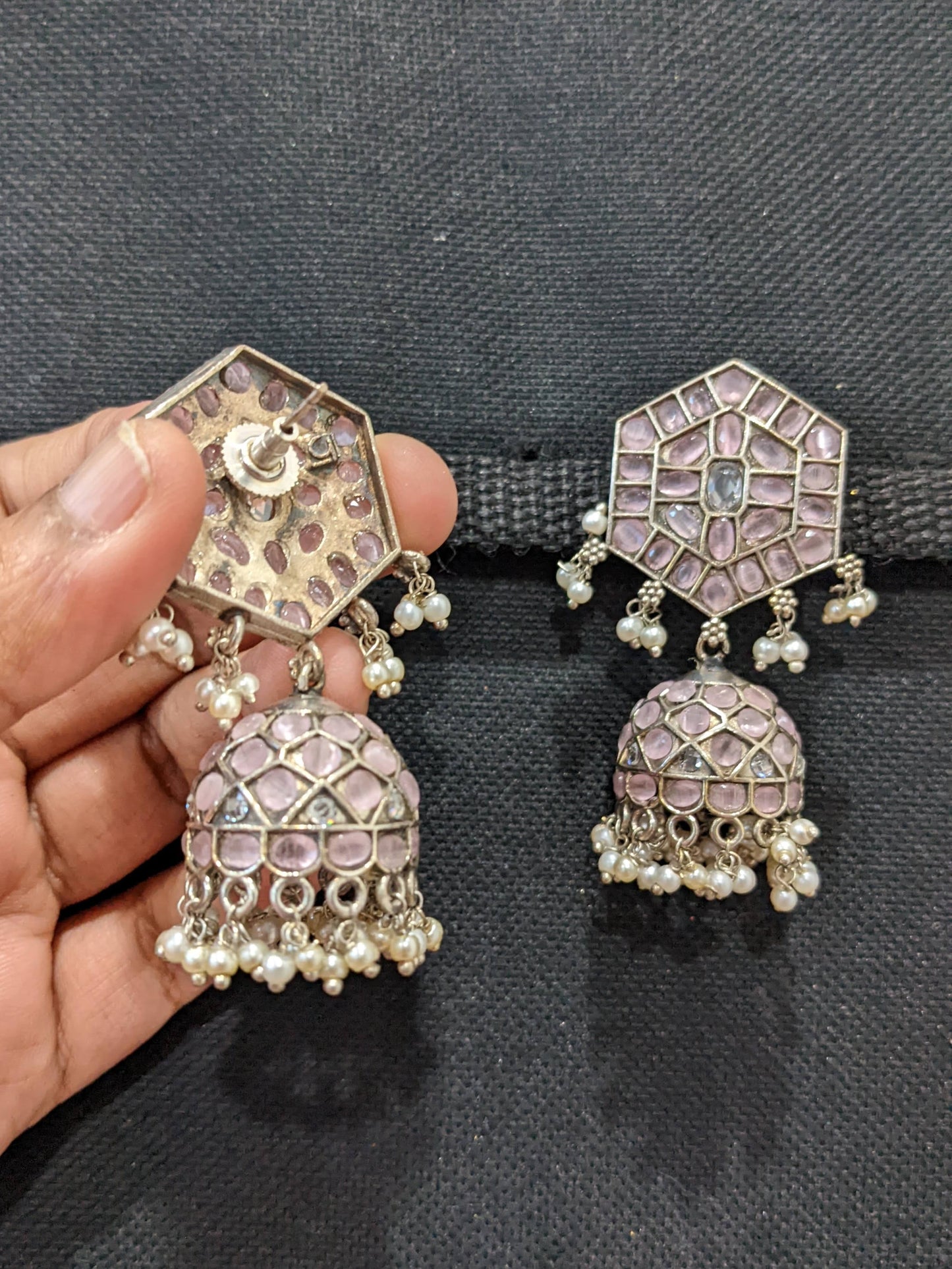 German Silver Rhombus Stud Jhumka Earrings