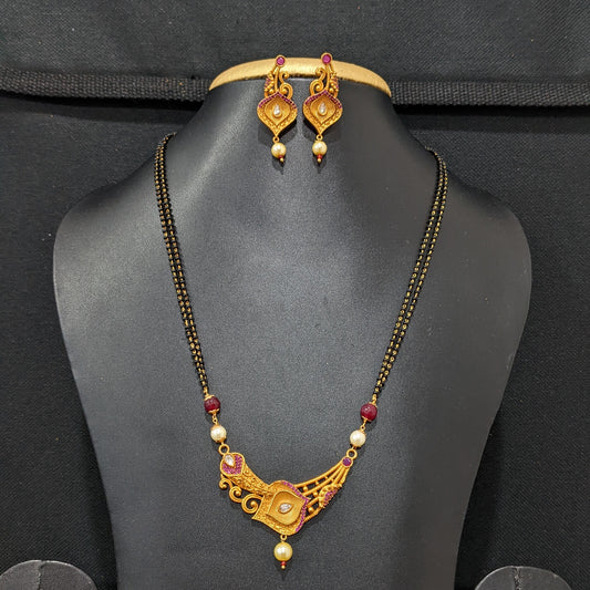 Mangalsutra - CZ Pendant and Earrings set - Dual strand - Leaf design