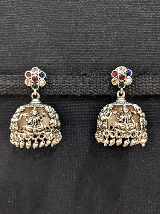Goddess Lakshmi Kemp Silver Jhumka earrings