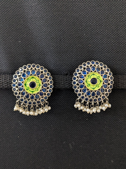 German Silver CZ stone Enamel Round Stud Earrings - Simpliful
