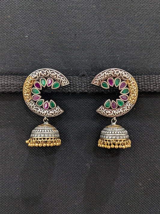 Cut circle dual tone oxidized silver jhumka earrings - Simpliful