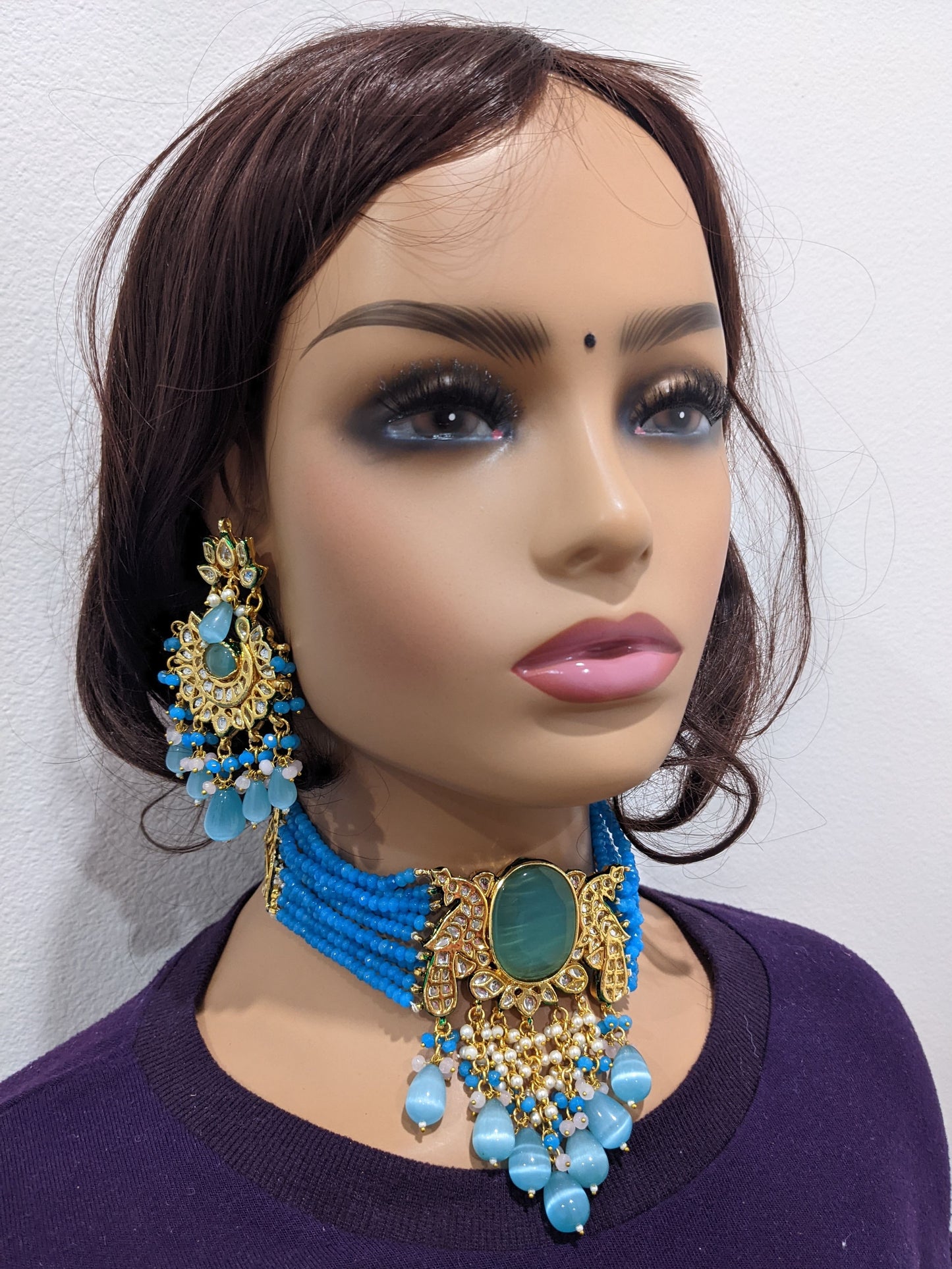 Multi stranded crystal bead Kundan Statement Choker Set