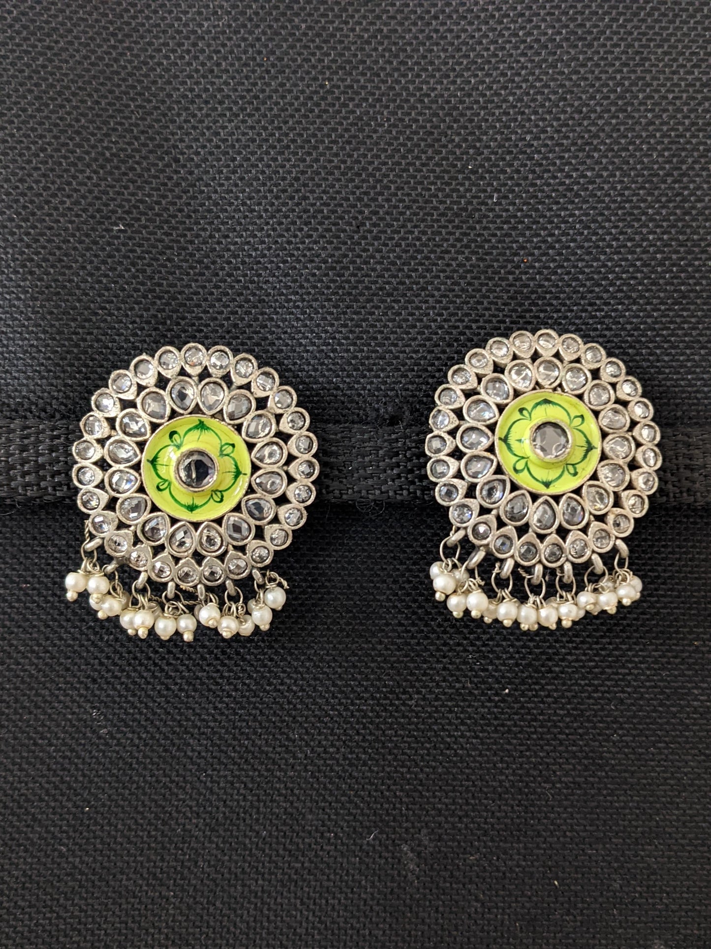 German Silver CZ stone Enamel Round Stud Earrings