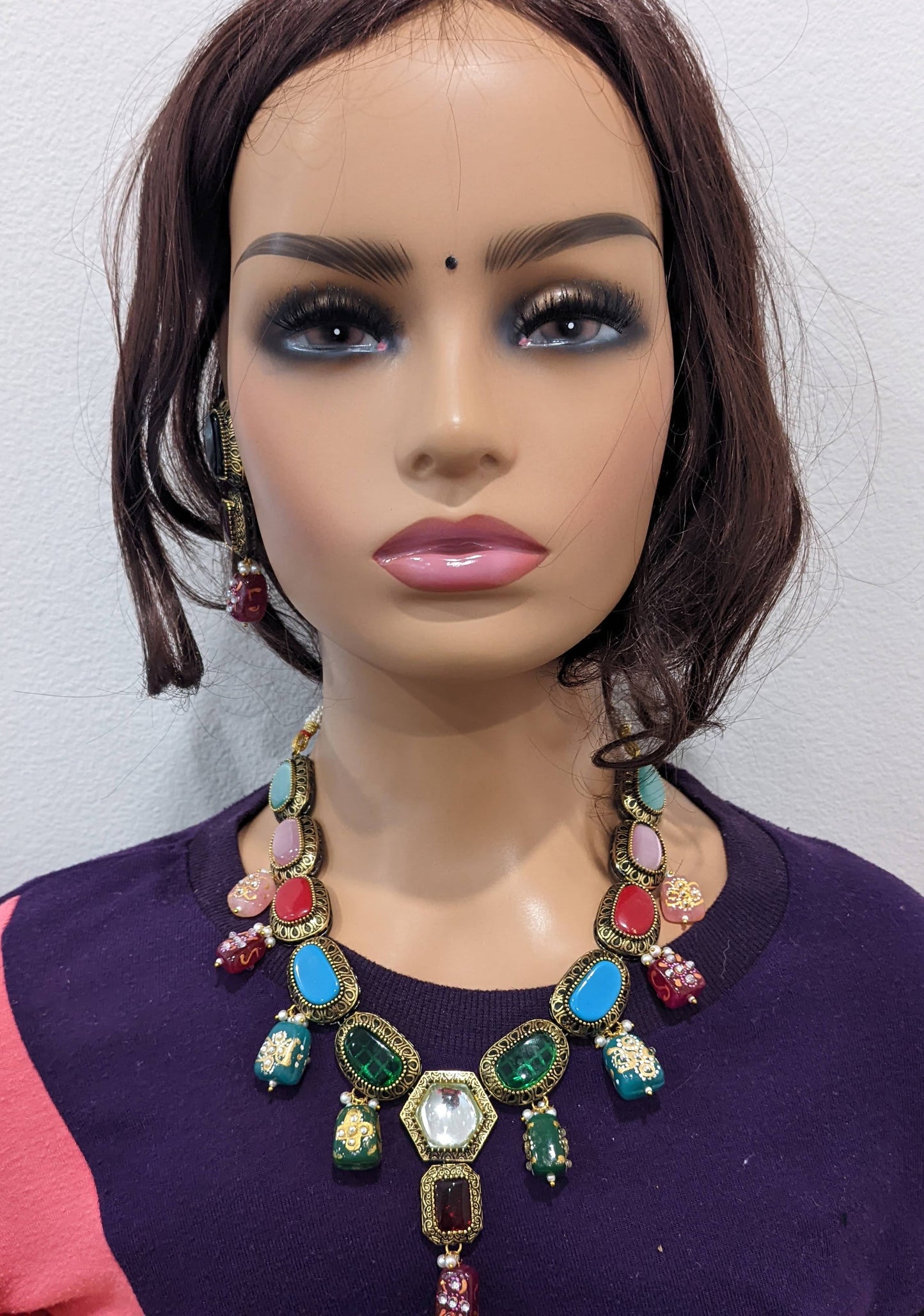 Bold multi color Resin bead Black Rhodium necklace and earrings set