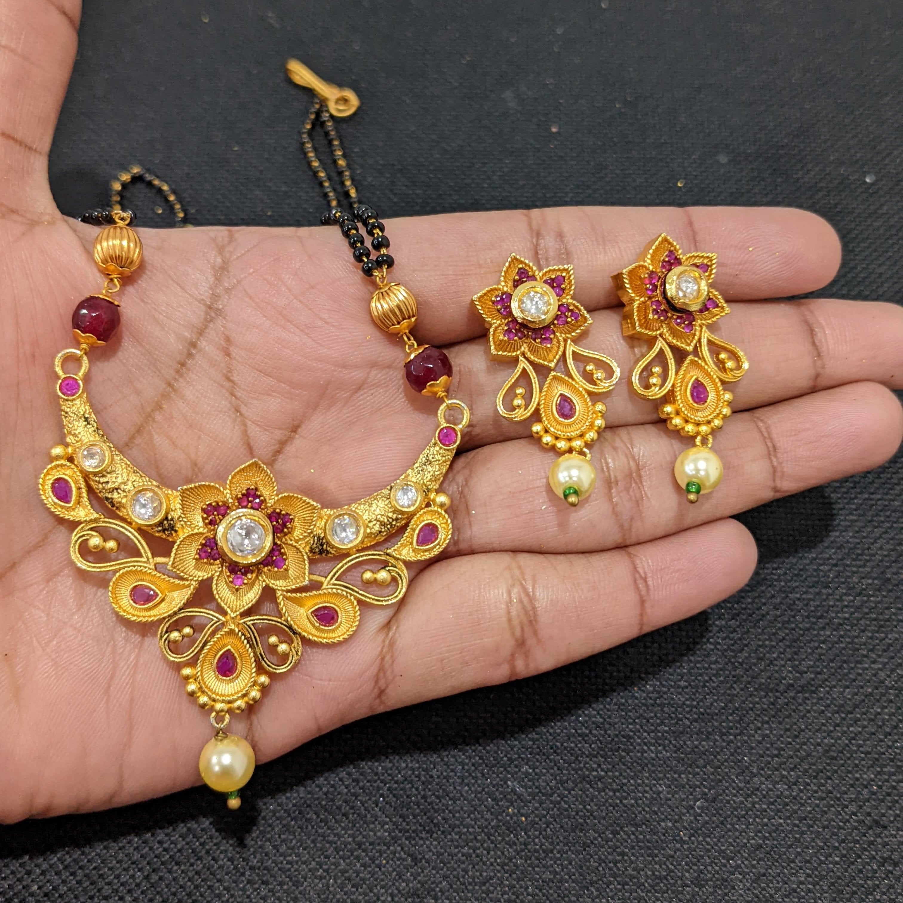 Mangalsutra - CZ Pendant and Earrings set - Dual strand - Flower desig –  Simpliful Jewelry