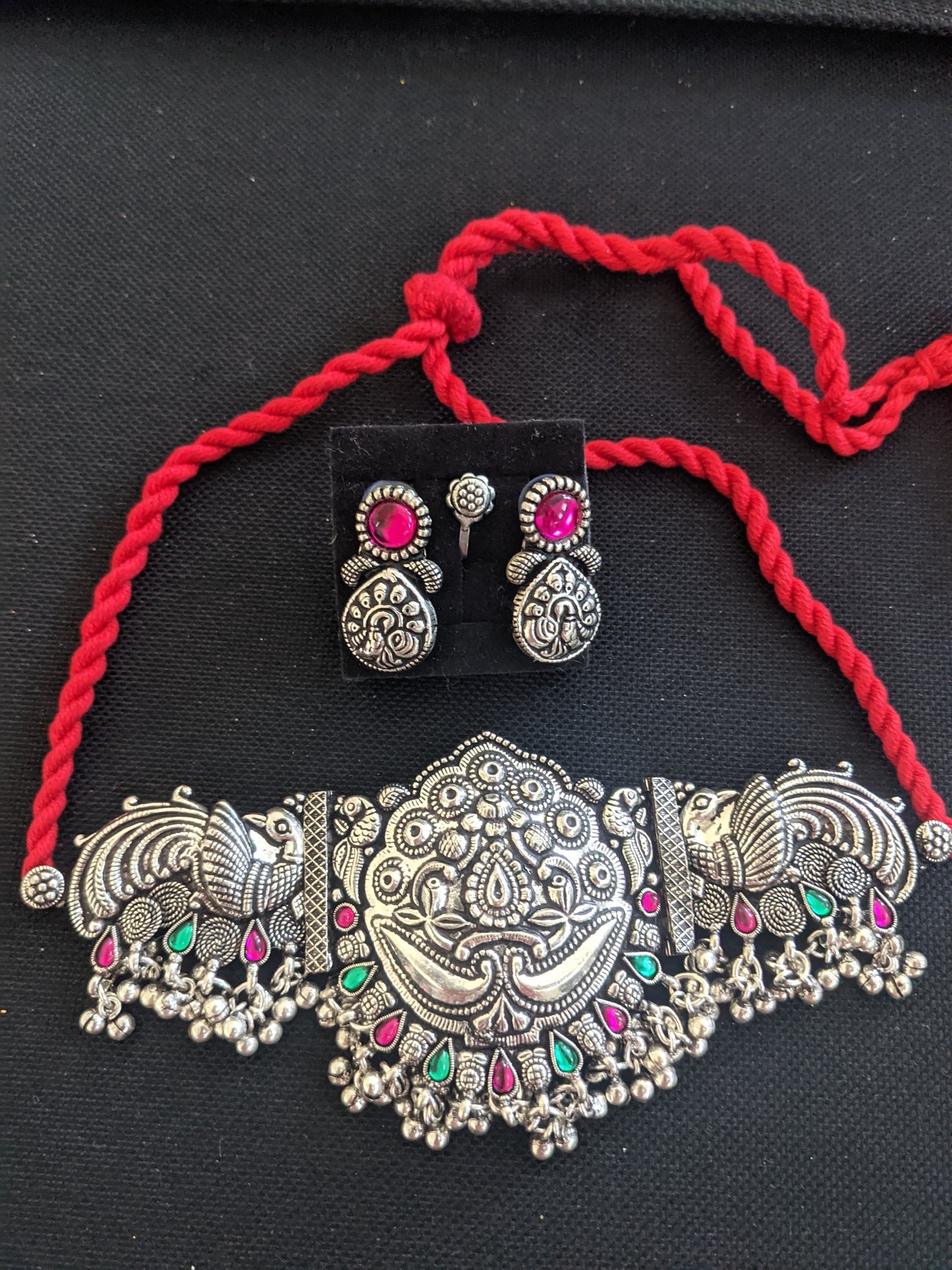 Kholapuri Oxidized Silver Choker Necklace Combo Set