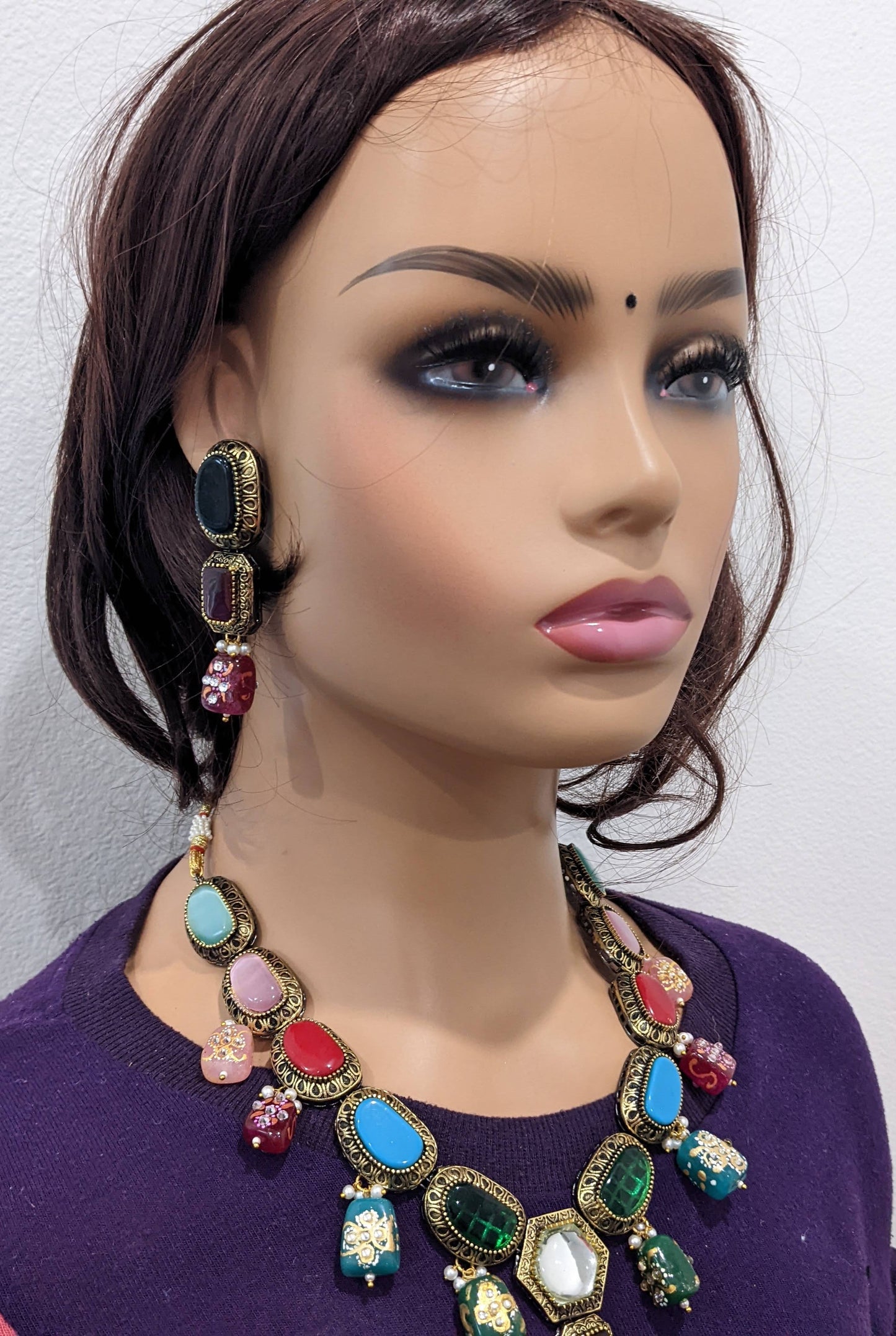Bold multi color Resin bead Black Rhodium necklace and earrings set