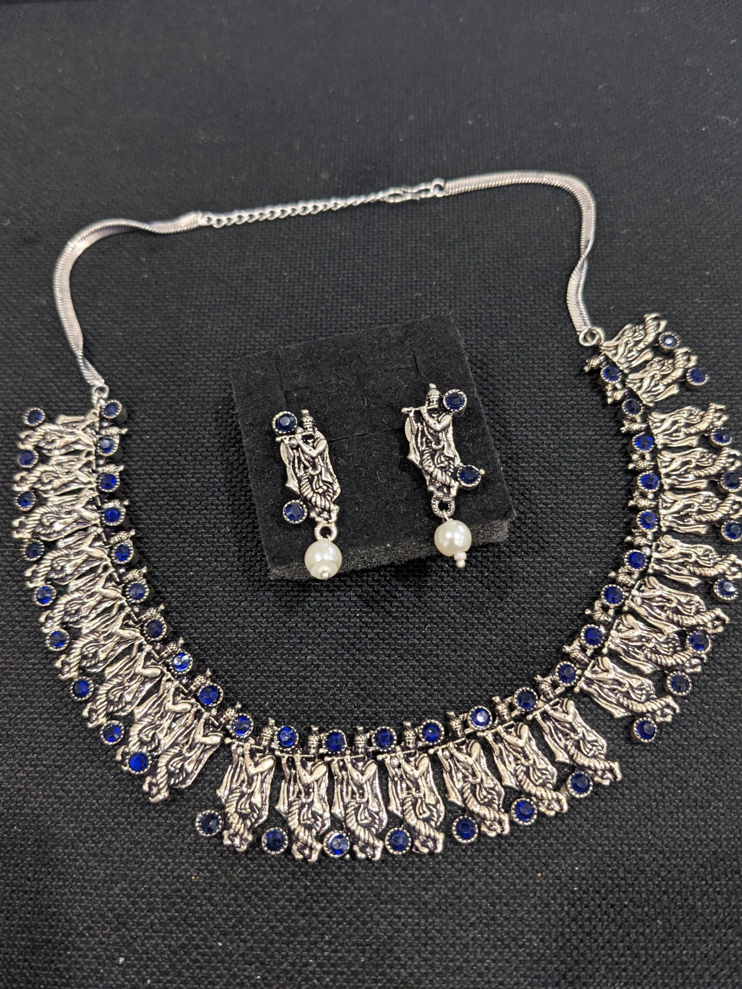 Oxidized Silver Lord Krishna Choker Necklace and Earring set