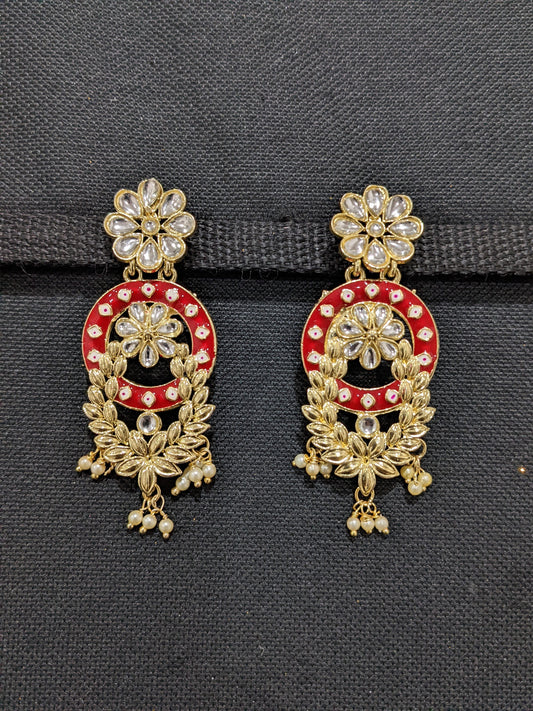 Flower Leaf design Glass Kundan Earrings