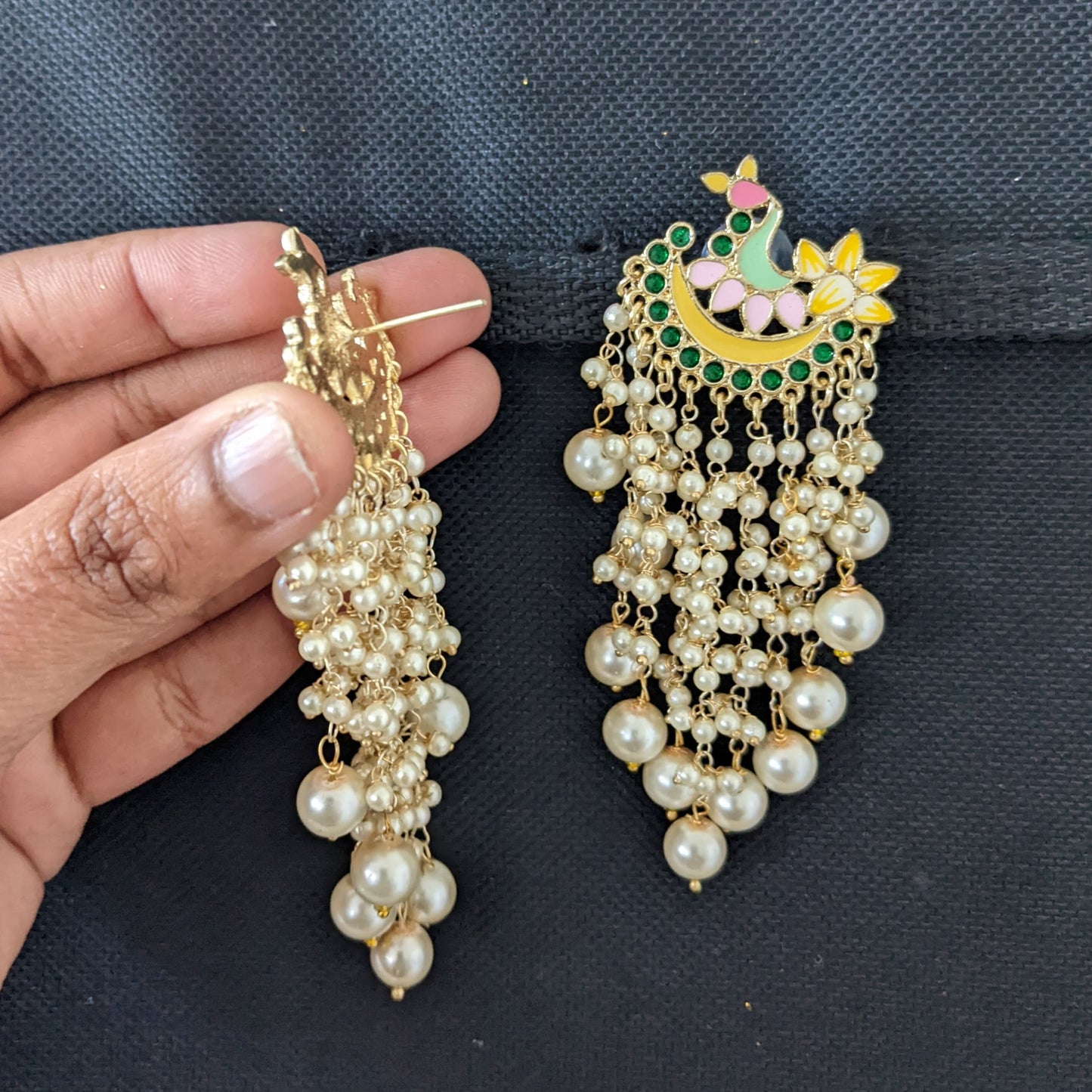 Peacock Stud Pearl cluster Tassel style Enamel Earrings