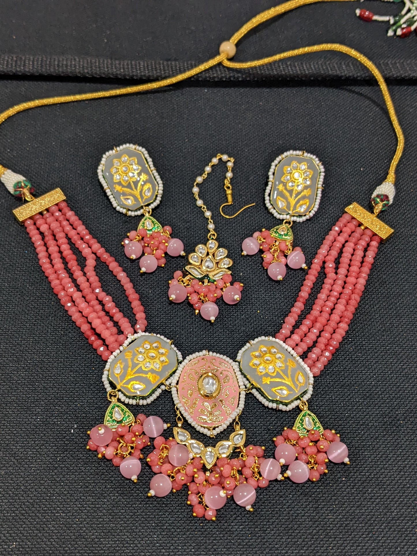 Multi stranded crystal bead Kundan Choker Necklace Combo Set