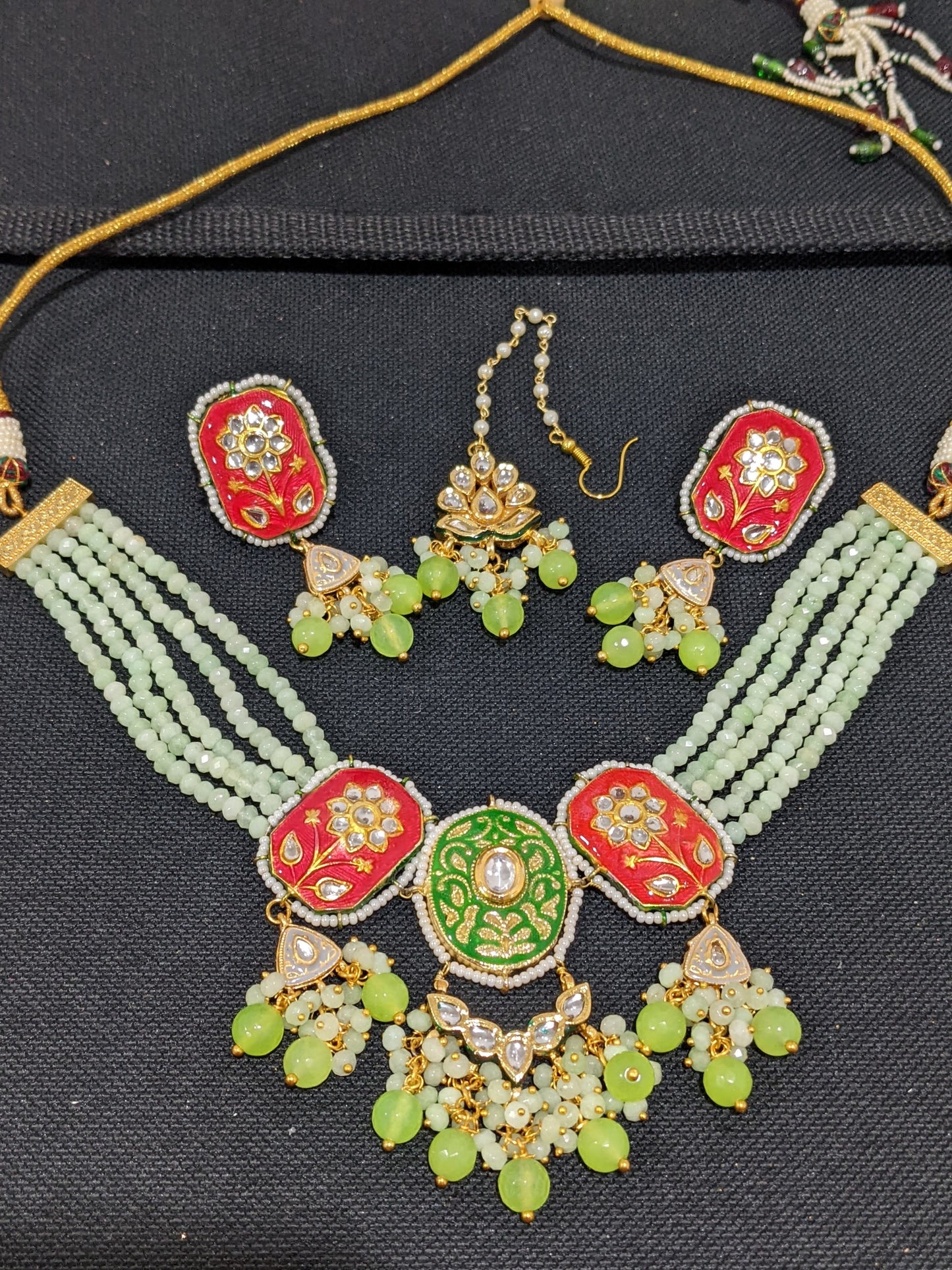 Multi stranded crystal bead Kundan Choker Necklace Combo Set