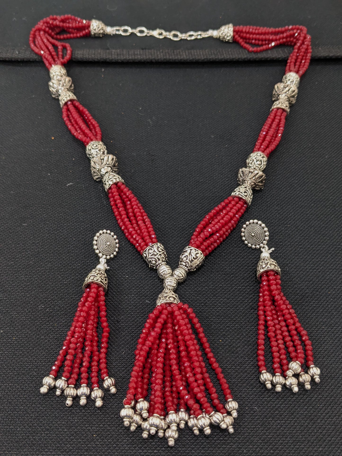 Crystal bead multi stranded tassel style oxidized long chain necklace and earring set - Simpliful