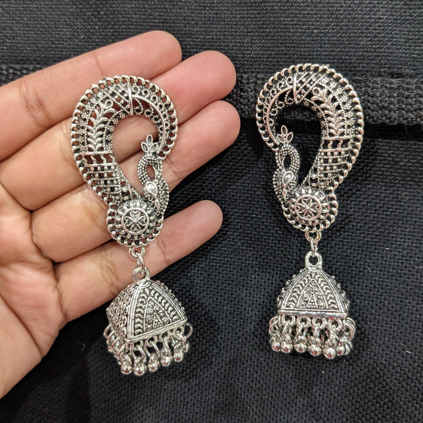 Long Peacock stud with Oxidized Silver Jhumka