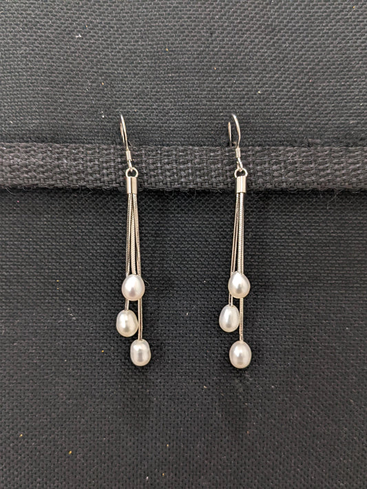 Natural Pearl triple line hook drop earrings