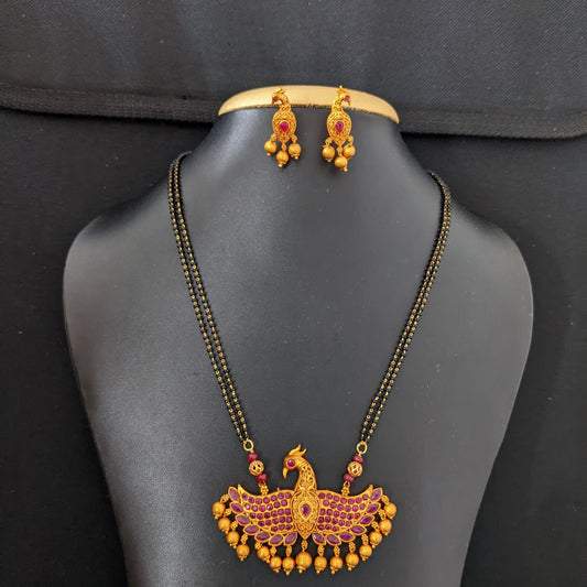 Mangalsutra - Ruby Kemp Pendant and Earrings set - Dual strand - Peacock design