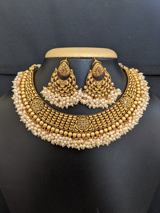 Pearl cluster bead dangle Choker Necklace and Earrings set - Design 2